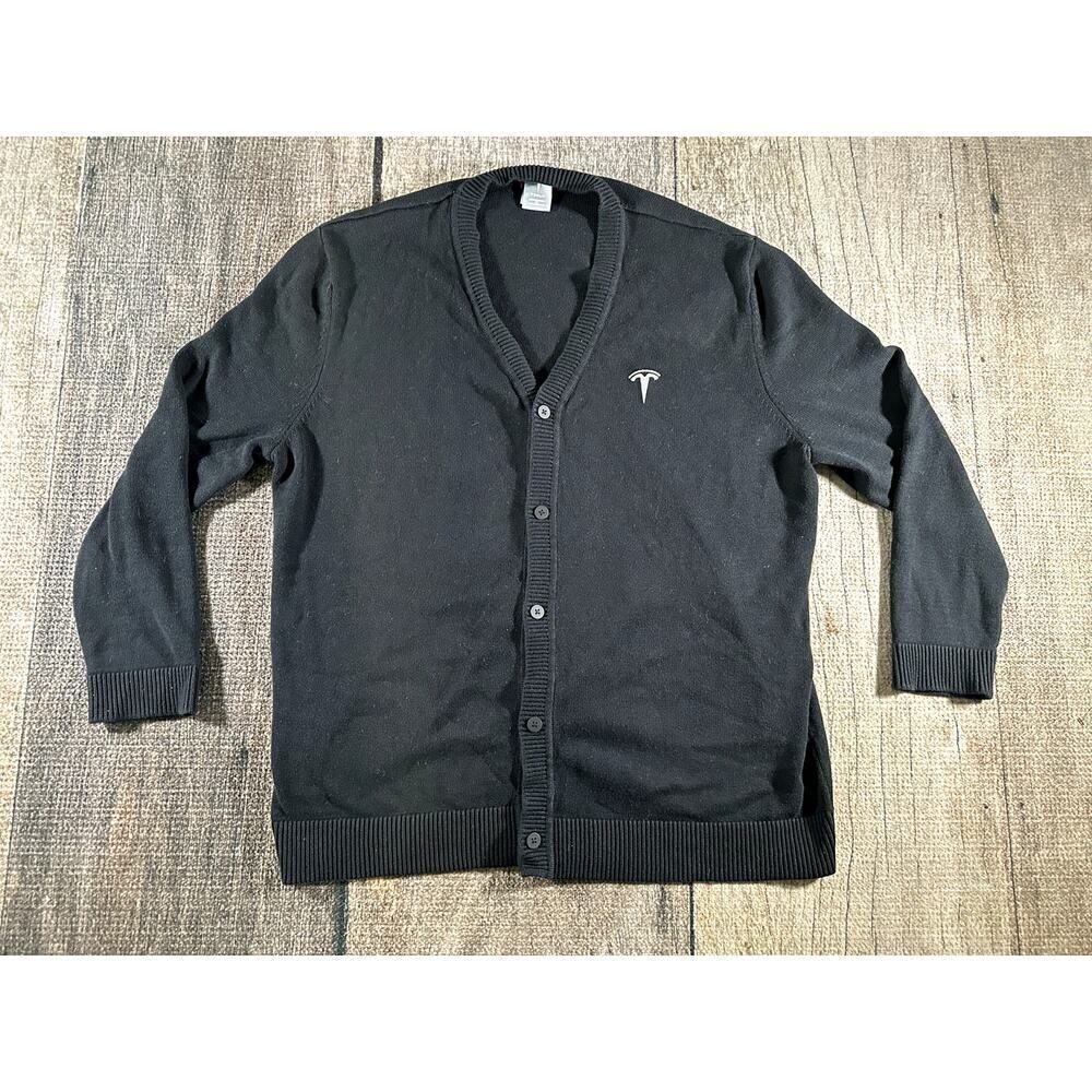 Tesla Motor Company Black V Neck Logo Quiet Luxury Car Cardigan Sweater XXL